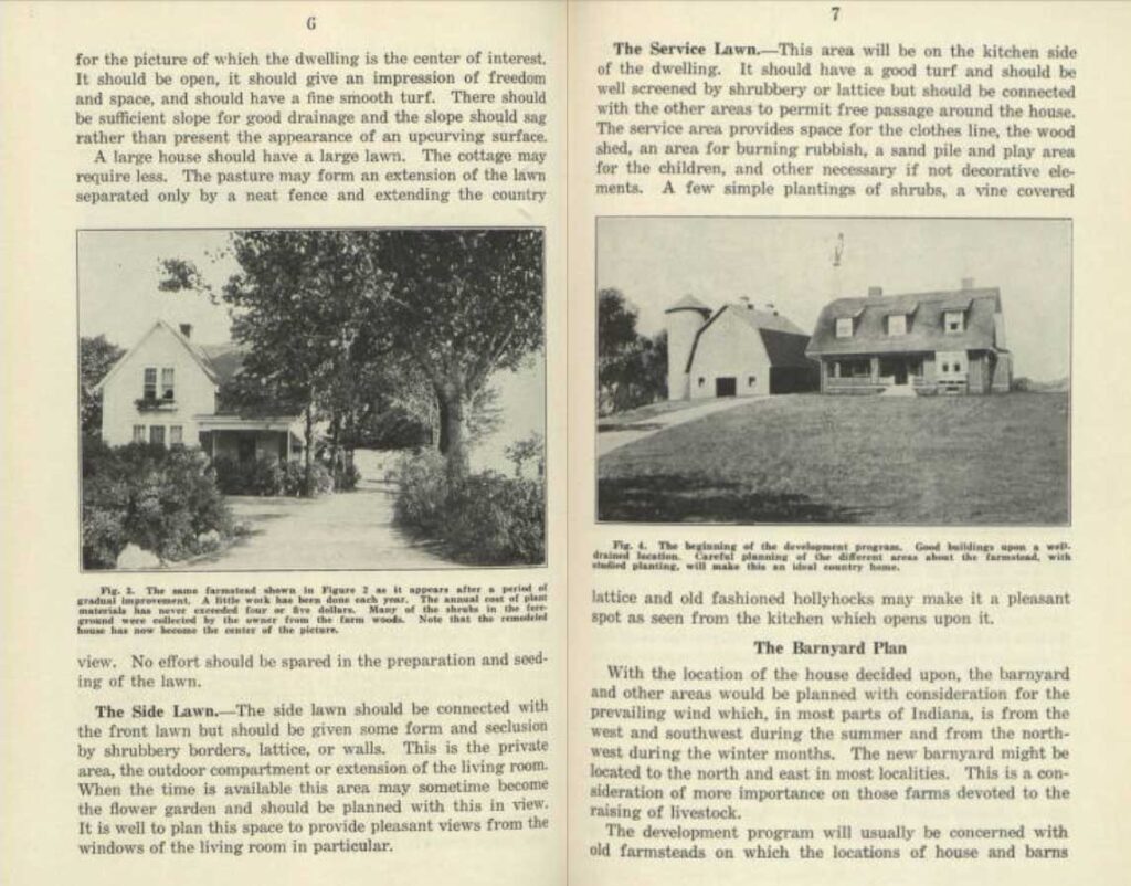 Two-page spread from Purdue Extension Bulletin no. 178 (1931) showing photographs of farmhouse lawns alongside text about planning the service lawn and side lawn.
