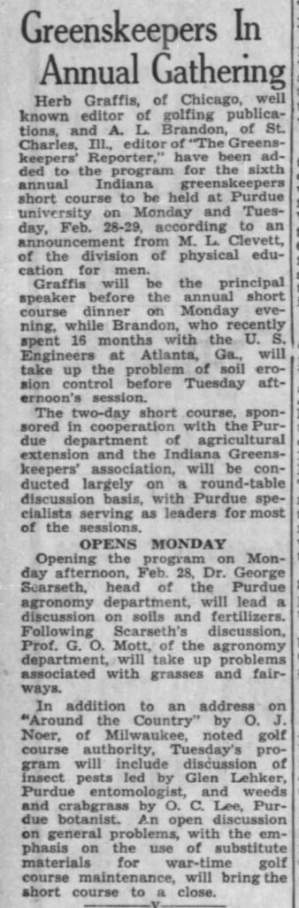 Newspaper column headlined "Greenskeepers in Annual Gathering" describing the sixth annual Indiana greenskeepers short course held at Purdue in February 1944.
