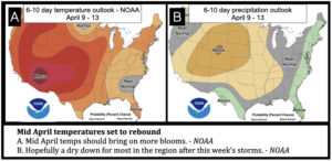 Temperatures are expected to rise into mid-April with a potential dry down for much of the region.