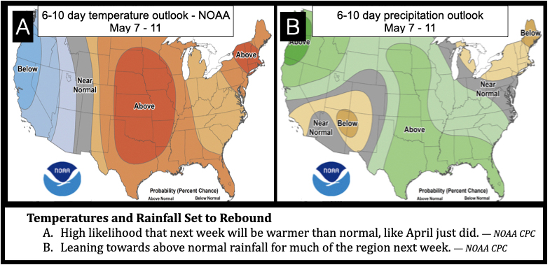 Forecast indicates a warmup and above normal chances for precipitation next week.