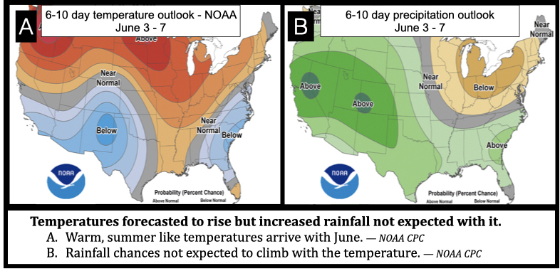 Temperatures forecasted to rise but increased rainfall not expected with it.
Warm, summer like temperatures arrive with June. — NOAA CPC
Rainfall chances not expected to climb with the temperature. — NOAA CPC