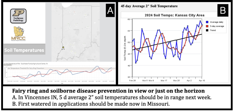 Fairy ring and soilborne disease prevention in view or just on the horizon
A. In Vincennes IN, 5 d average 2” soil temperatures should be in range next week.
B. First watered in applications should be made now in Missouri.