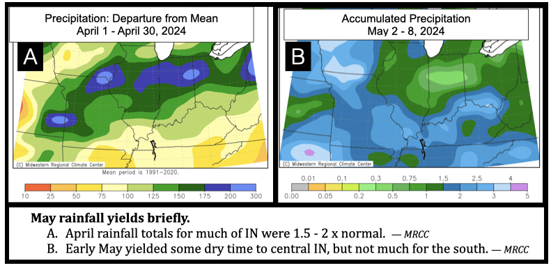 May rainfall yields briefly. April rainfall totals for much of IN were 1.5 - 2 x normal. — MRCC Early May yielded some dry time to central IN, but not much for the south. — MRCC