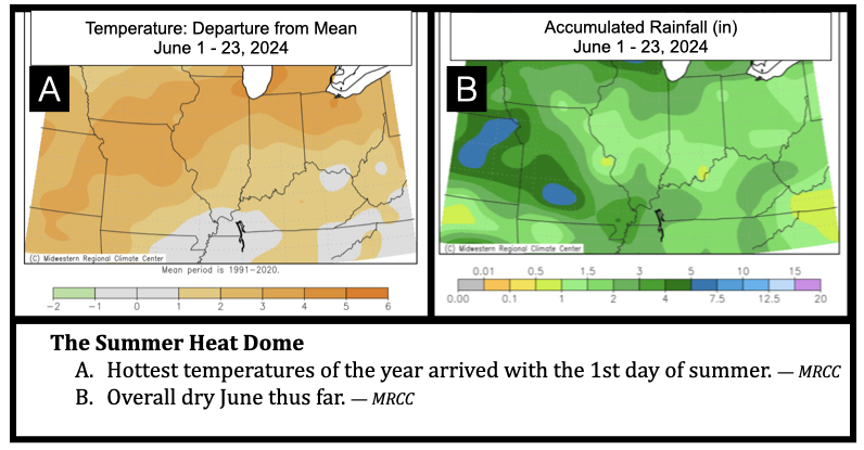 The Summer Heat Dome
Hottest temperatures of the year arrived with the 1st day of summer. — MRCC
Overall dry June thus far. — MRCC