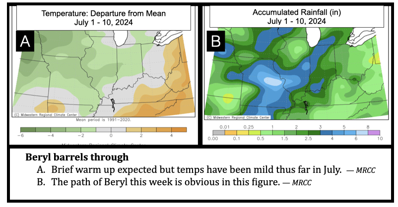 Beryl barrels through Brief warm up expected but temps have been mild thus far in July. — MRCC The path of Beryl this week is obvious in this figure. — MRCC