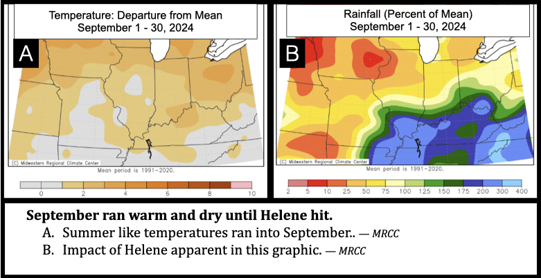 September ran warm and dry until Helene hit.
Summer like temperatures ran into September.. — MRCC
Impact of Helene apparent in this graphic. — MRCC