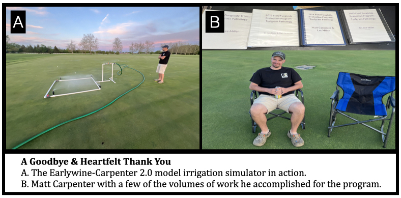 A Goodbye & Heartfelt Thank You 
A. The Earlywine-Carpenter 2.0 model irrigation simulator in action.
B. Matt Carpenter with a few of the volumes of work he accomplished for the program. 