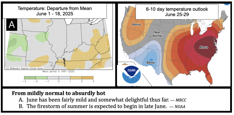 From mildly normal to absurdly hot
June has been fairly mild and somewhat delightful thus far. — MRCC
The firestorm of summer is expected to begin in late June.  — NOAA