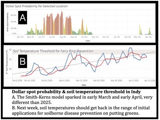 Dollar spot probability & soil temperature threshold in Indy A. The Smith-Kerns model sparked in early March and early April, very different than 2025. B. Next week, soil temperatures should get back in the range of initial applications for soilborne disease prevention on putting greens.