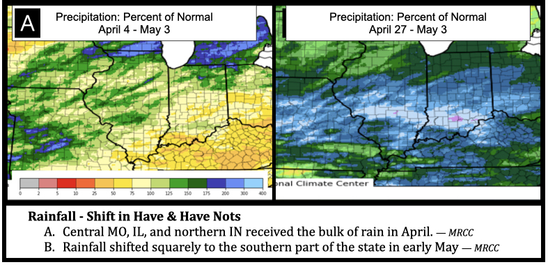 Rainfall - Shift in Have & Have Nots
Central MO, IL, and northern IN received the bulk of rain in April. — MRCC
Rainfall shifted squarely to the southern part of the state in early May — MRCC