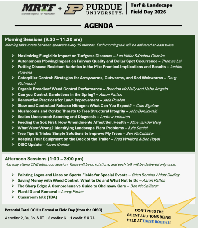 Field day agenda with a plethora of interesting sessions for all turfgrass industry sectors.